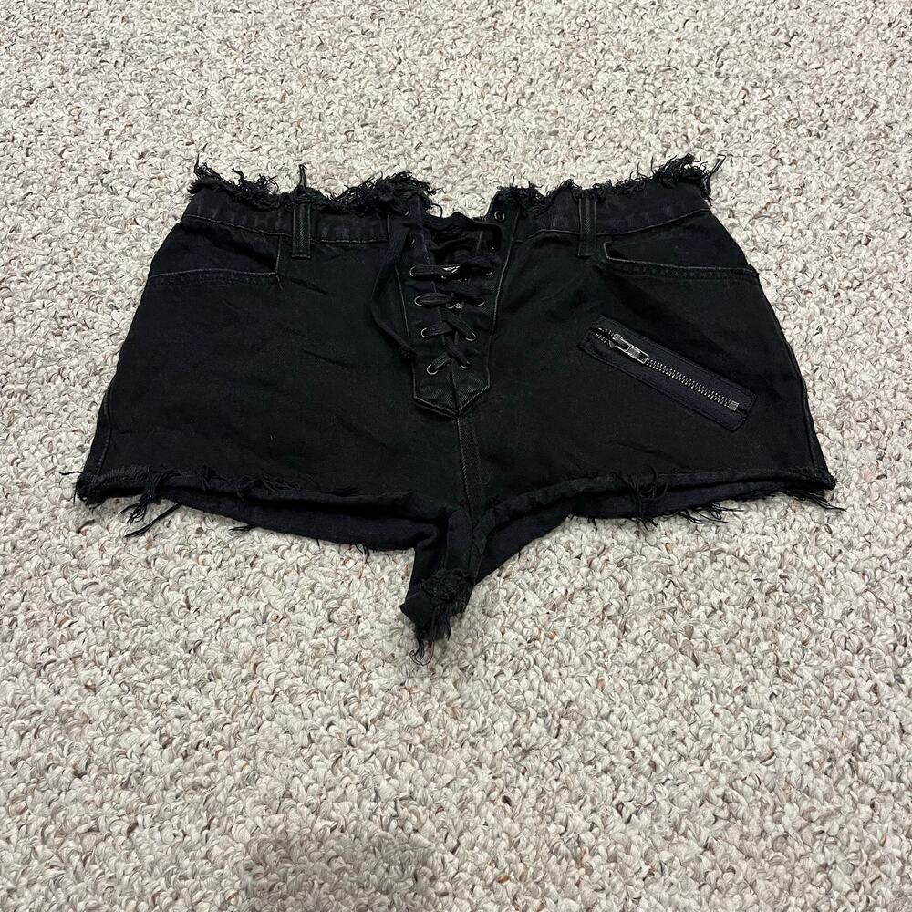 Killstar Lil Devil Denim Shorts M Distressed Grunge Goth Front Lace Closure